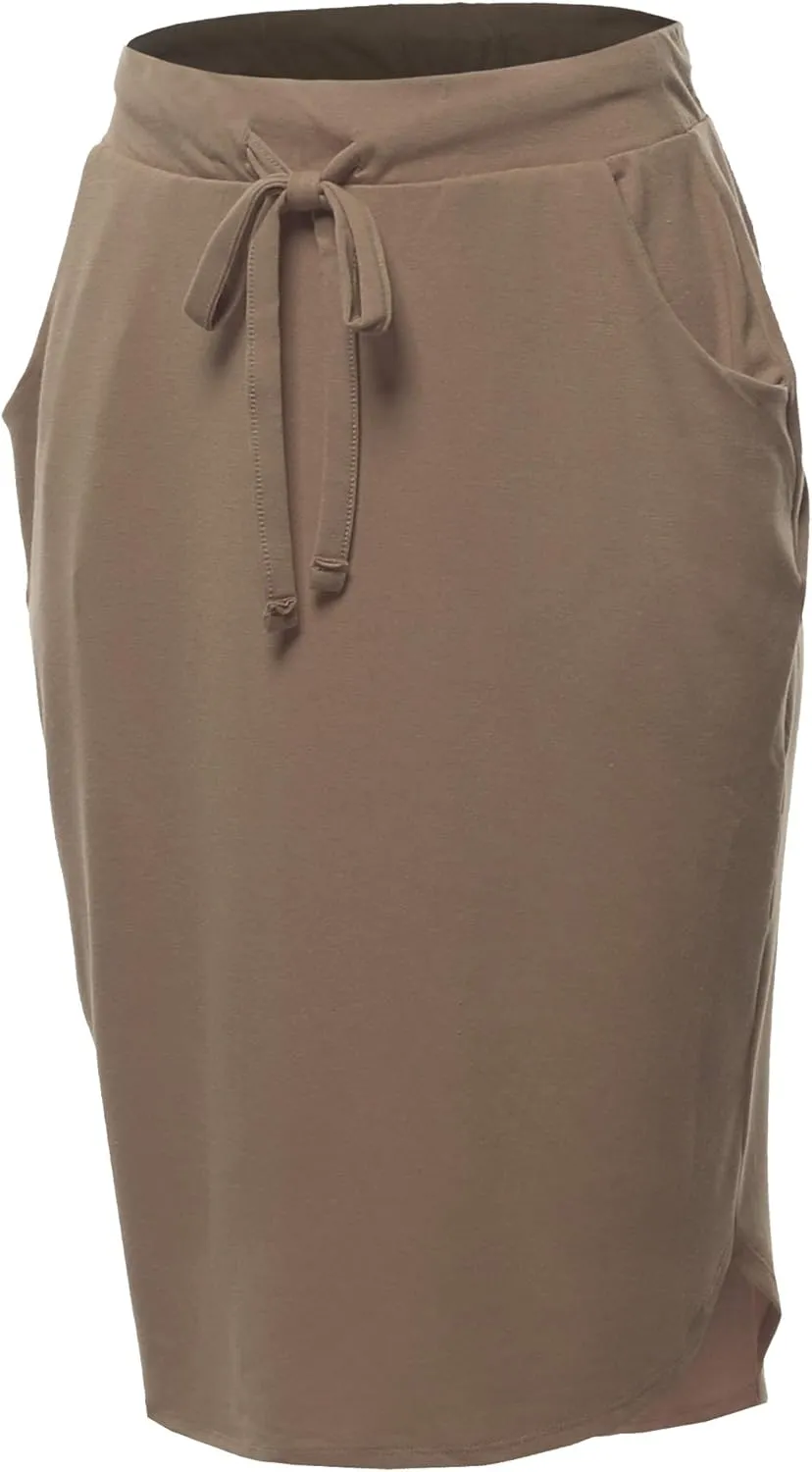 A2Y Women's Elastic Waist Self Tie Tulip Hem Side Pocket Skirt
