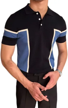 Akivide Striped Knit Polo Shirts for Men Stripe Color Block Short Sleeve Knit Cotton Slim Fit Lapel Collar Polo Shirt for Men