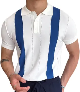 Akivide Striped Knit Polo Shirts for Men Stripe Color Block Short Sleeve Knit Cotton Slim Fit Lapel Collar Polo Shirt for Men