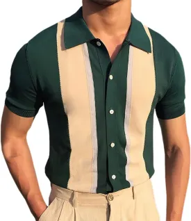 Akivide Striped Knit Polo Shirts for Men Stripe Color Block Short Sleeve Knit Cotton Slim Fit Lapel Collar Polo Shirt for Men