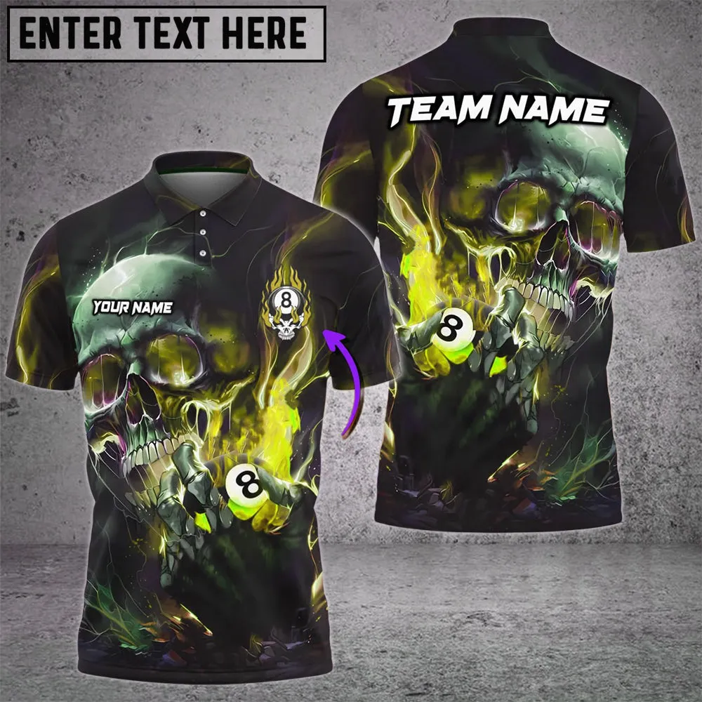 Billiards Ball 8 Blazing Multi Color Skull Personalized Name, Team Name 3D Polo Shirt