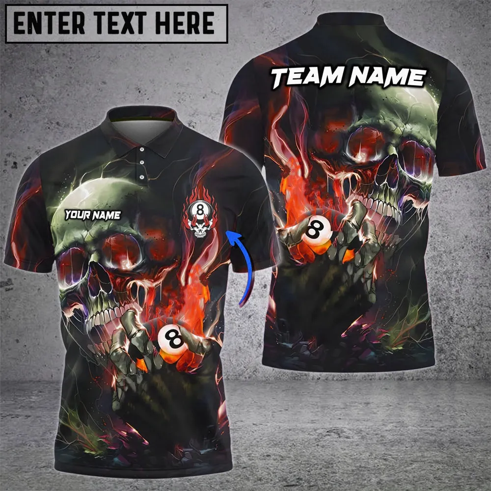Billiards Ball 8 Blazing Multi Color Skull Personalized Name, Team Name 3D Polo Shirt