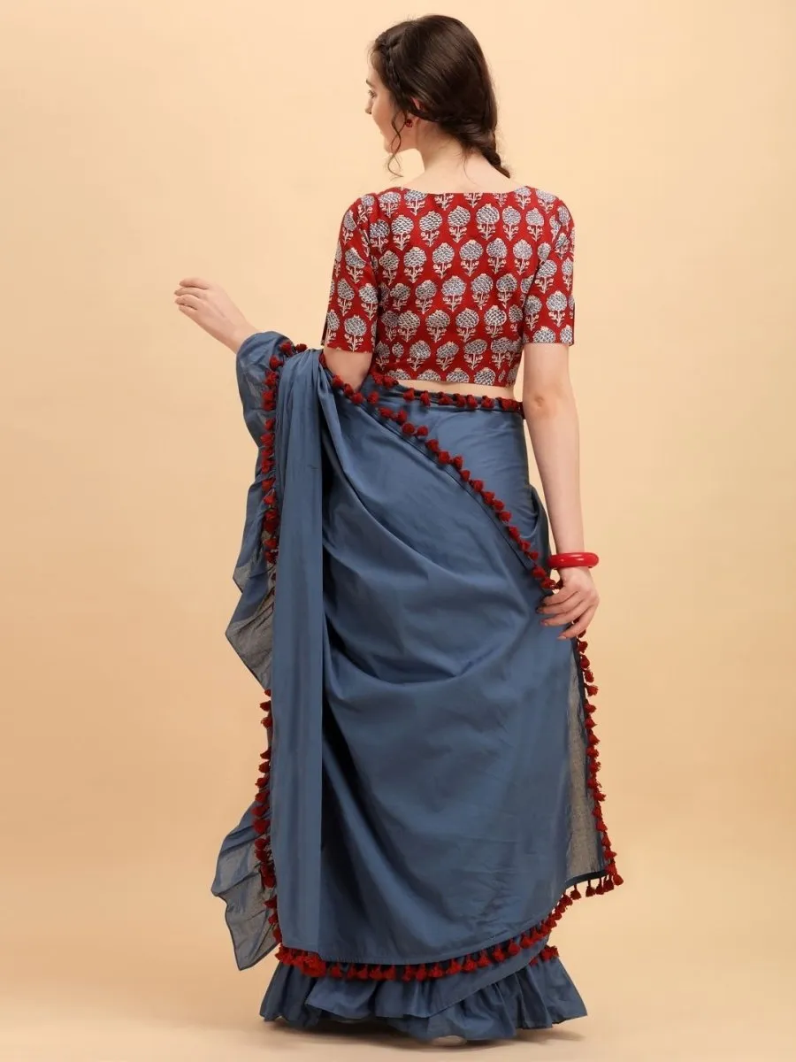 Blue Solid Ruffled Saree withPompom Border and Printed Blouse