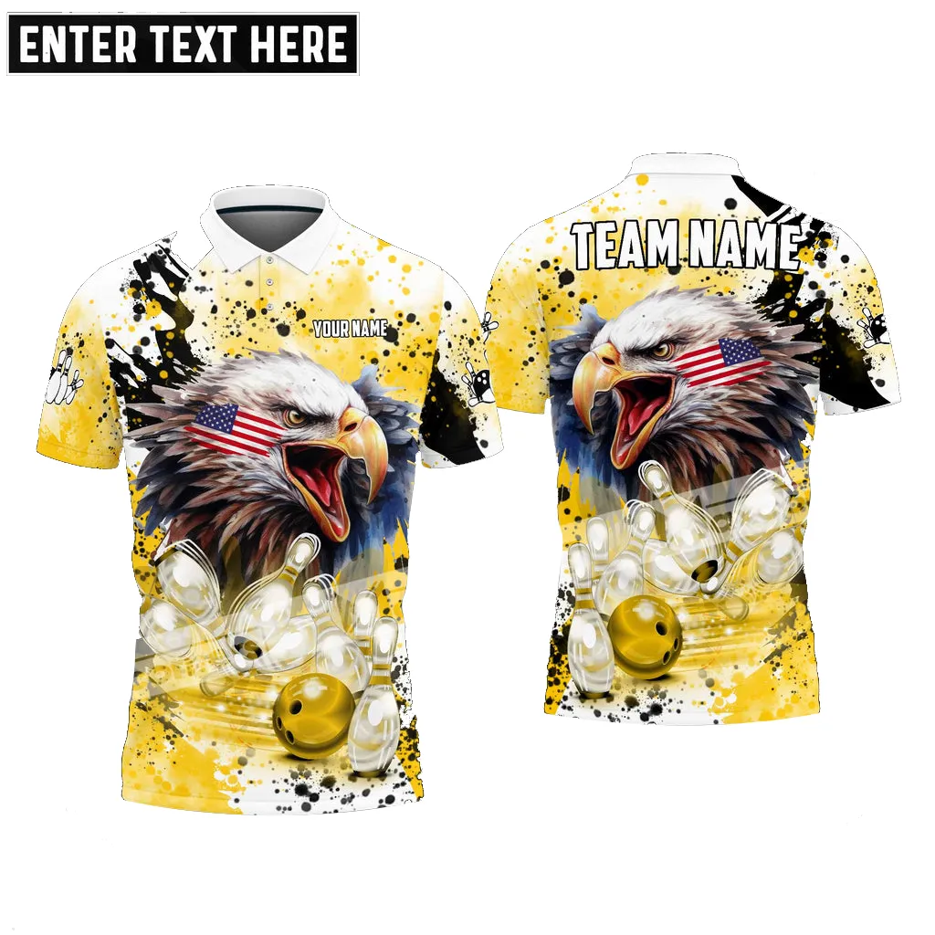Bowling And Pins Eagle American Flag Paint Pattern Customized Name, Team Name 3D Polo Shirt