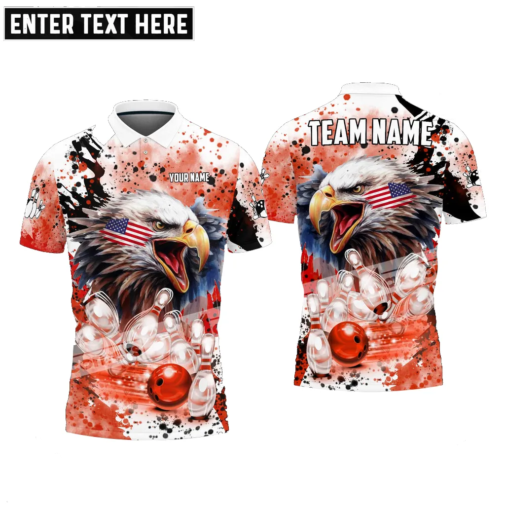 Bowling And Pins Eagle American Flag Paint Pattern Customized Name, Team Name 3D Polo Shirt