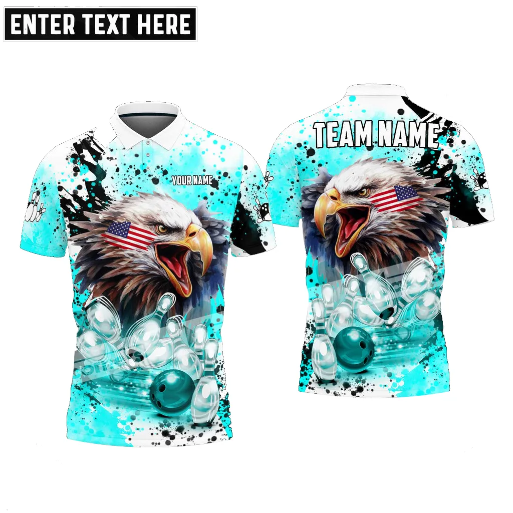 Bowling And Pins Eagle American Flag Paint Pattern Customized Name, Team Name 3D Polo Shirt