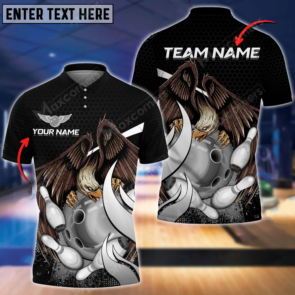 Bowling And Pins Eagle Ball Multicolored Bowling Jerseys Custom Name And Team 3D Polo Shirt