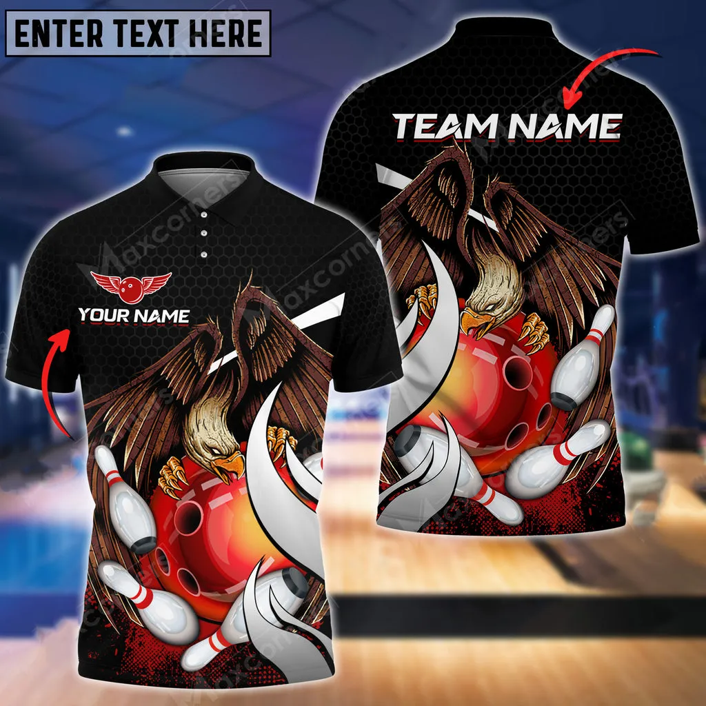 Bowling And Pins Eagle Ball Multicolored Bowling Jerseys Custom Name And Team 3D Polo Shirt