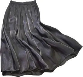 CHARTOU Womens Silky Lustrous Elastic Waist Pleated Accordion Midi Long Skirts