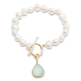 Clara white irregular cultured freshwater pearl bracelet with an aqua chalcedony drop pendant