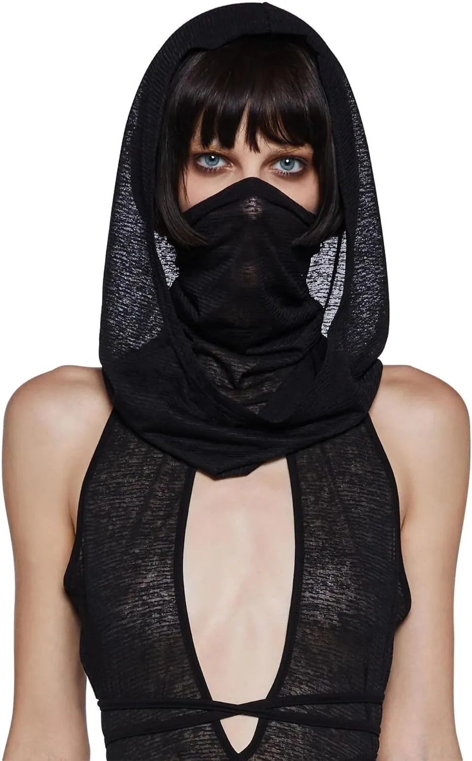 Cyber Goth Desert Walker Hooded Dresses Y2k Punk Grunge Hollow Out Midi Dress Women Sexy Split Side Solid Streetwear