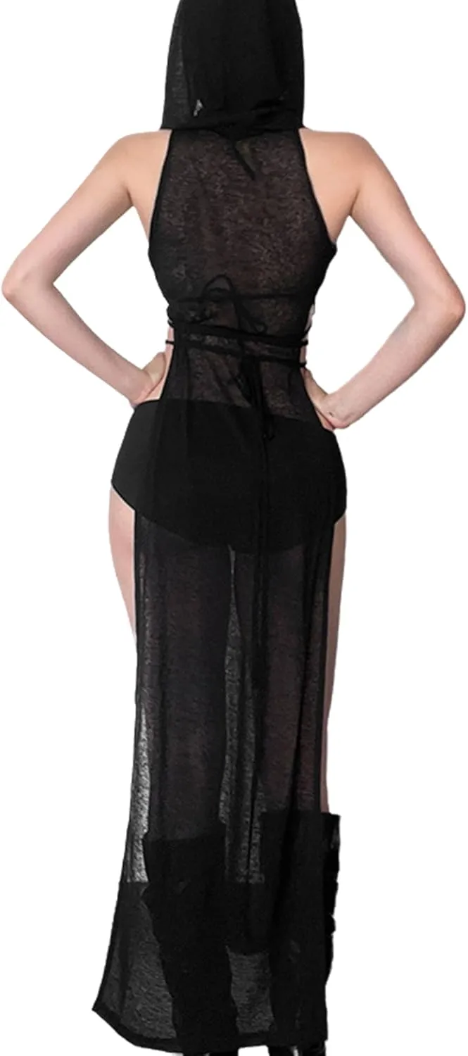 Cyber Goth Desert Walker Hooded Dresses Y2k Punk Grunge Hollow Out Midi Dress Women Sexy Split Side Solid Streetwear