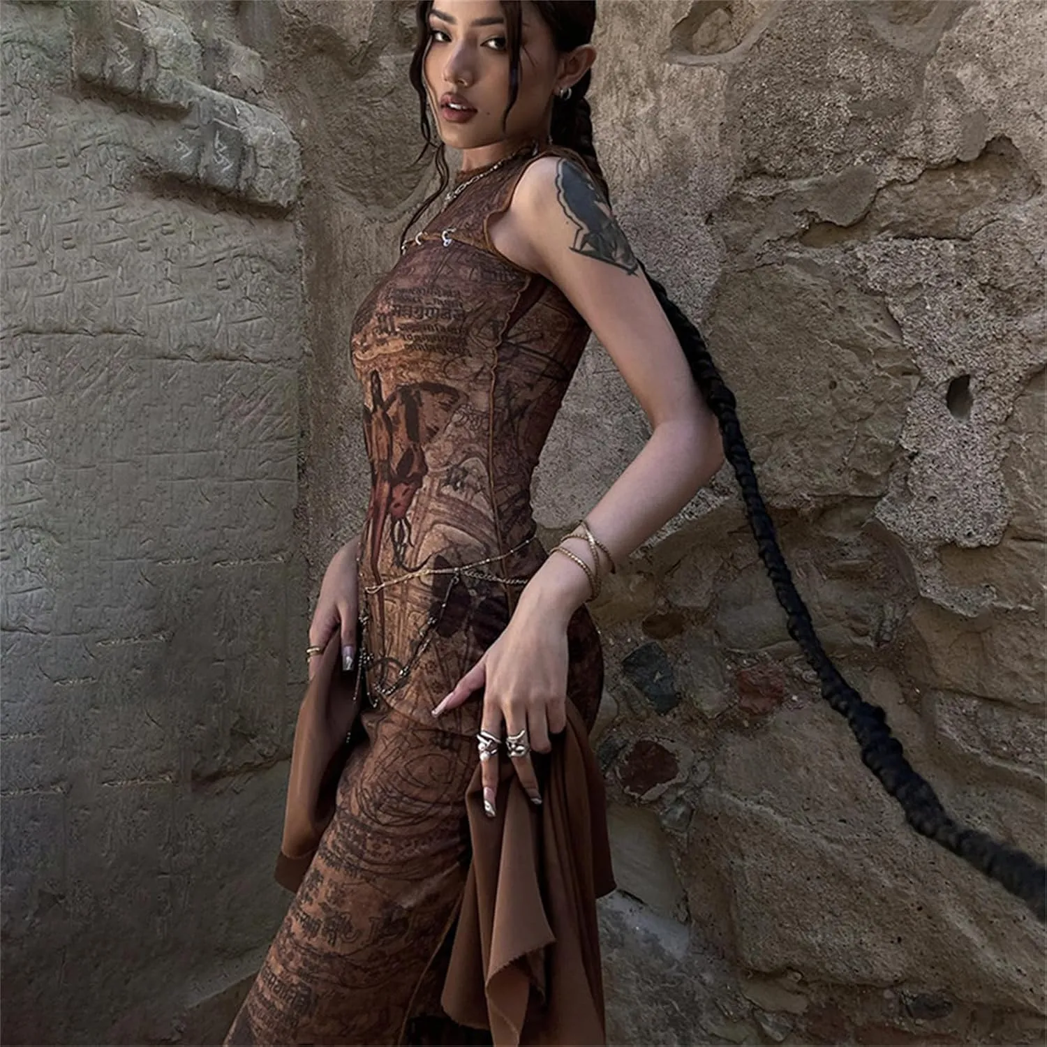Cyber Goth Desert Walker Hooded Dresses Y2k Punk Grunge Hollow Out Midi Dress Women Sexy Split Side Solid Streetwear