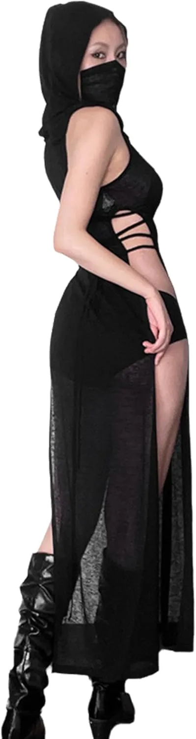 Cyber Goth Desert Walker Hooded Dresses Y2k Punk Grunge Hollow Out Midi Dress Women Sexy Split Side Solid Streetwear