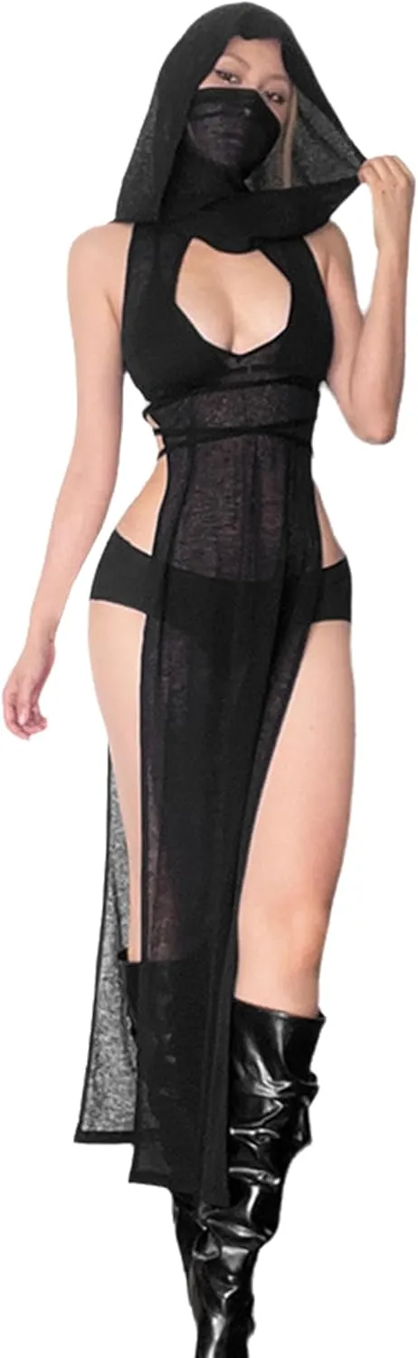 Cyber Goth Desert Walker Hooded Dresses Y2k Punk Grunge Hollow Out Midi Dress Women Sexy Split Side Solid Streetwear