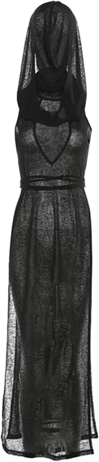 Cyber Goth Desert Walker Hooded Dresses Y2k Punk Grunge Hollow Out Midi Dress Women Sexy Split Side Solid Streetwear