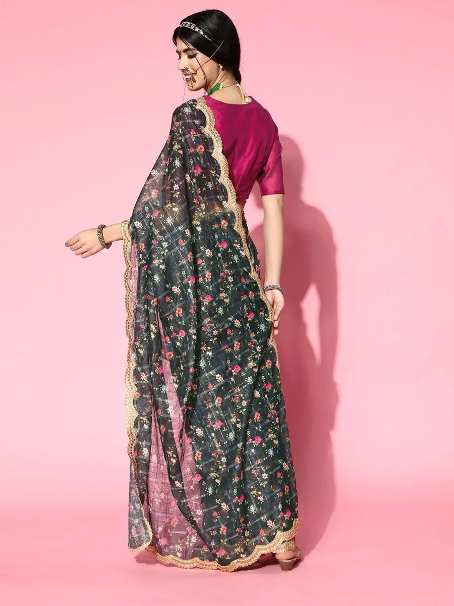 Dark Blur Checked Zari Chanderi Saree