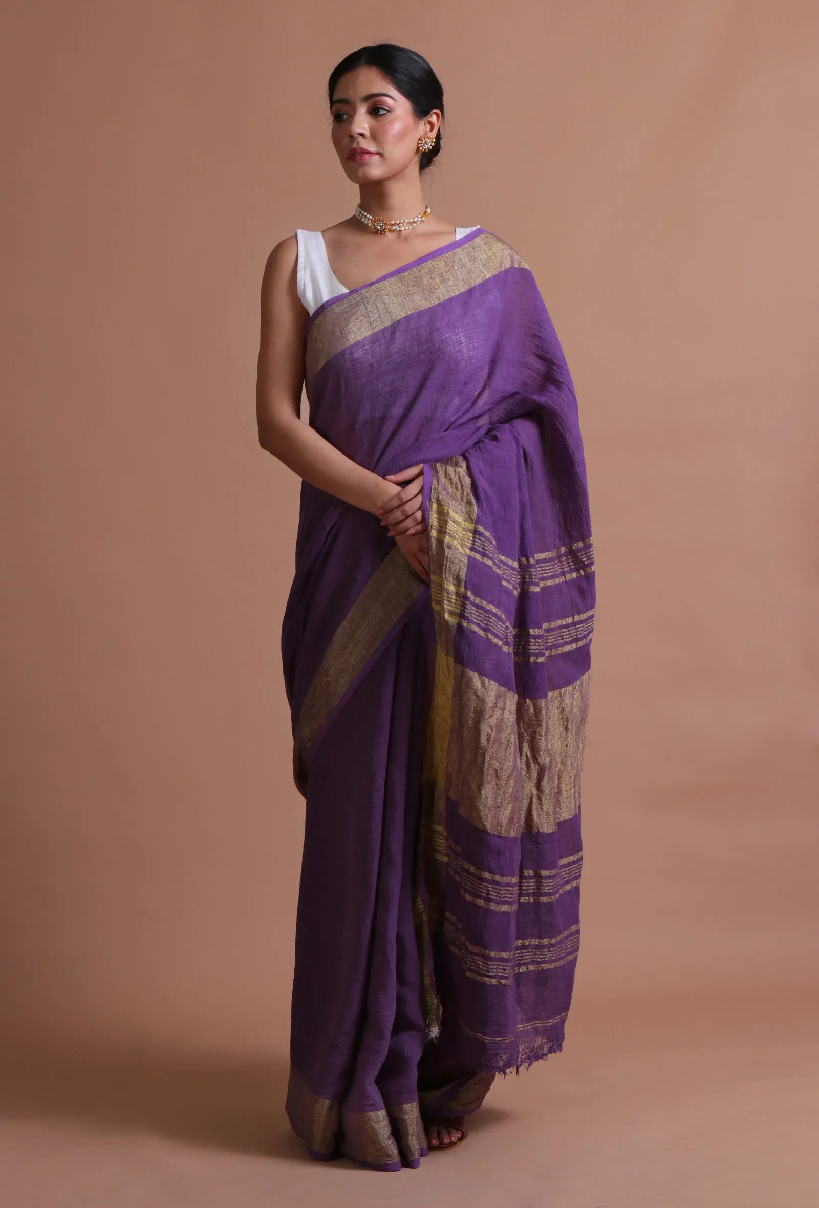 Dark Purple Color Cotton Linen Saree With Unstitched Blouse