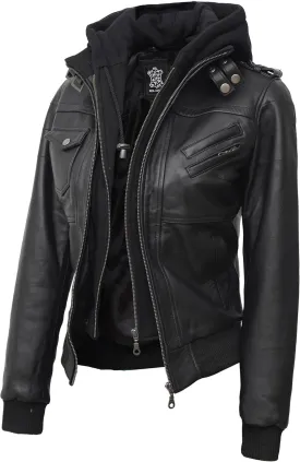 Decrum Leather Jacket Women - Casual Real Lambskin Leather Bomber Jacket Women with Detachable Hood