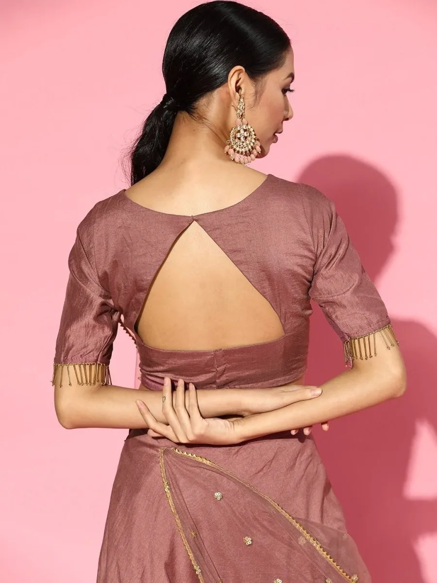 Dirty Pink Stitched Lehenga Embroidered Saree with Blouse Piece