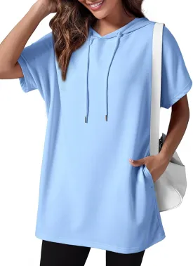 Dokotoo Womens Tops Dressy Casual Short Sleeve Oversized Tshirts Summer Hoodie Dress Tunics Tops Loose Fit Long Shirts