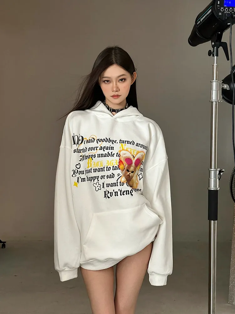 Dria Solid Color Graphic Letter Image Print Long Sleeve Baggy Hoodie