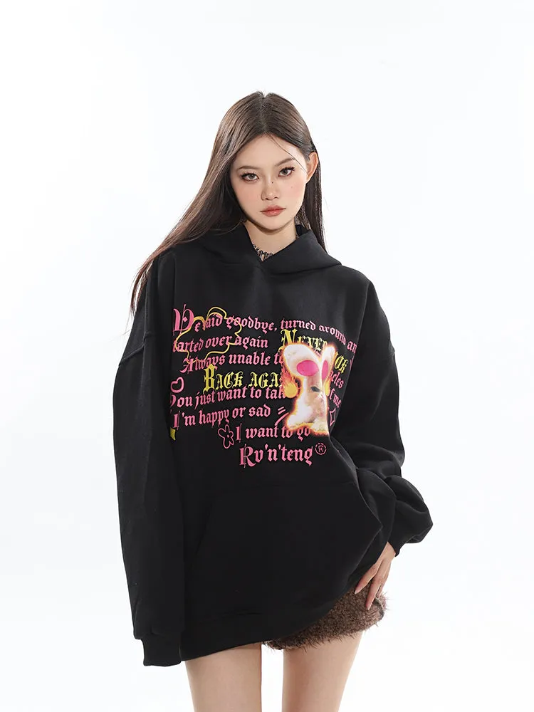 Dria Solid Color Graphic Letter Image Print Long Sleeve Baggy Hoodie