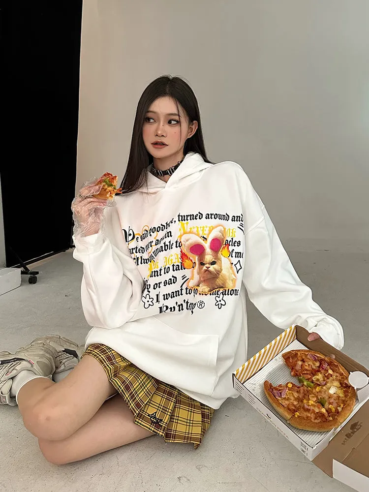 Dria Solid Color Graphic Letter Image Print Long Sleeve Baggy Hoodie