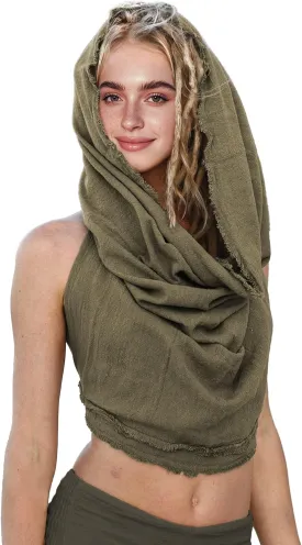 Dune Style Women's Crop Tank Top - Halter, Boho Open Back, Cross Wrap Swim Cover Up, 100% Cotton, Washed Raw-Edge