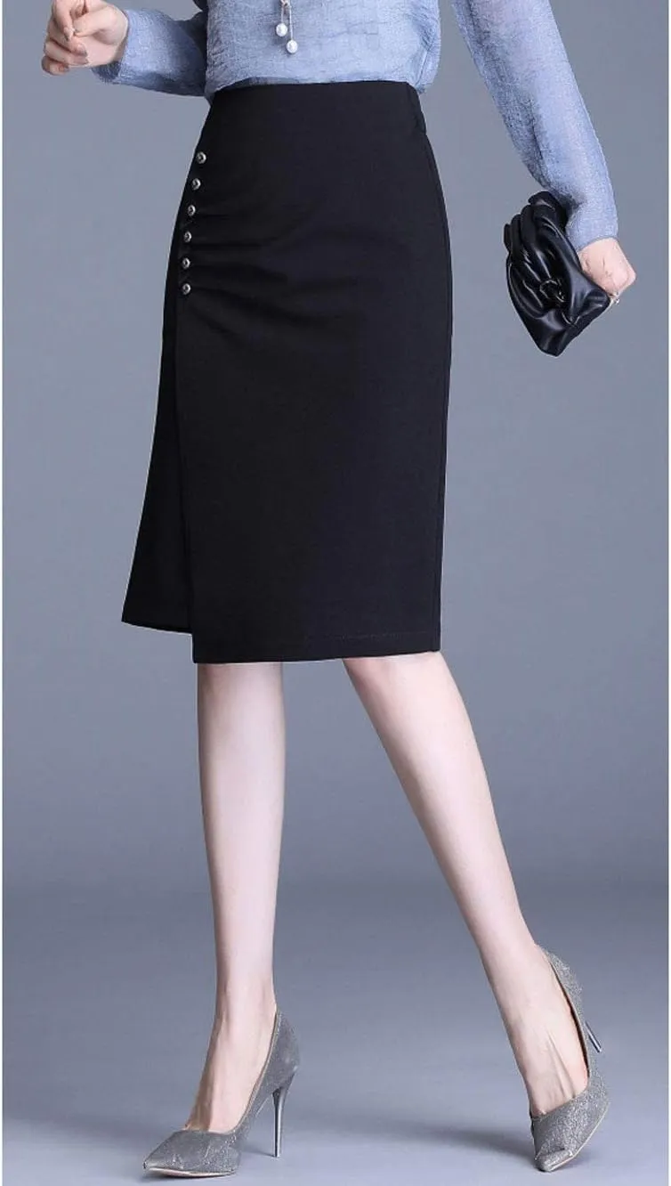 ebossy Women's Mini Button Stretchy High Waist Knee Length Ruched Midi Pencil Skirt