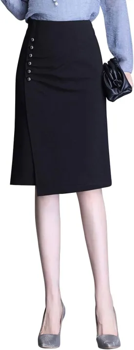 ebossy Women's Mini Button Stretchy High Waist Knee Length Ruched Midi Pencil Skirt
