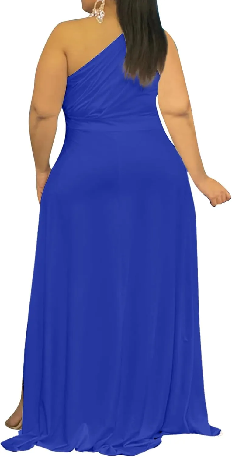 Ekaliy Women's Plus Size One Shoulder Dress Sexy High Low Irregular Hem Flowy Party Cocktail Maxi Dress