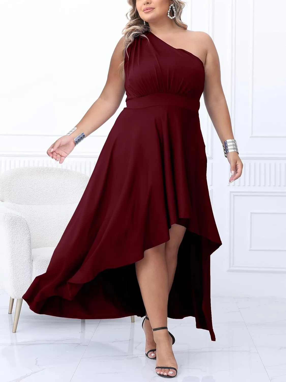 Ekaliy Women's Plus Size One Shoulder Dress Sexy High Low Irregular Hem Flowy Party Cocktail Maxi Dress