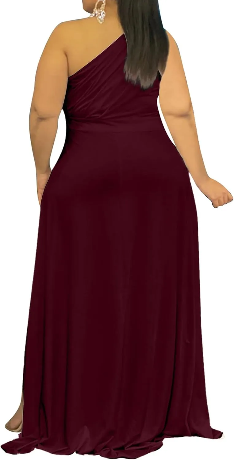Ekaliy Women's Plus Size One Shoulder Dress Sexy High Low Irregular Hem Flowy Party Cocktail Maxi Dress