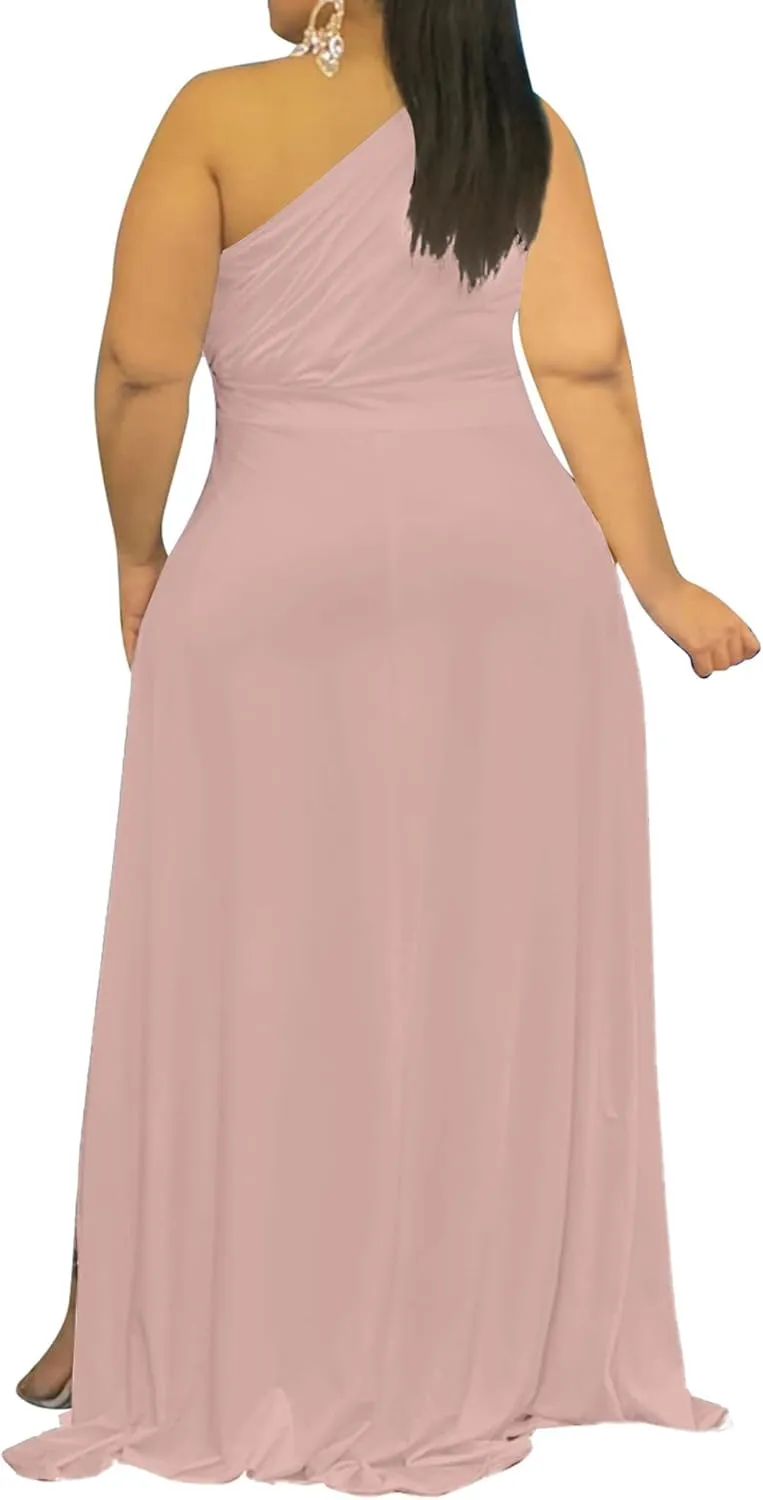 Ekaliy Women's Plus Size One Shoulder Dress Sexy High Low Irregular Hem Flowy Party Cocktail Maxi Dress