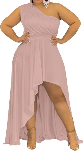 Ekaliy Women's Plus Size One Shoulder Dress Sexy High Low Irregular Hem Flowy Party Cocktail Maxi Dress