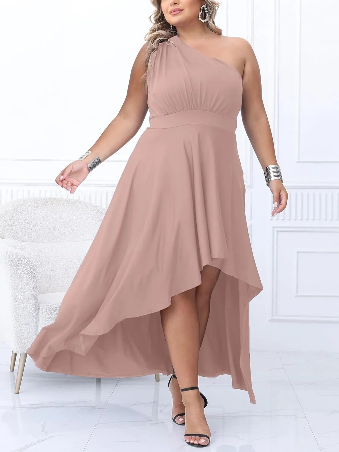 Ekaliy Women's Plus Size One Shoulder Dress Sexy High Low Irregular Hem Flowy Party Cocktail Maxi Dress