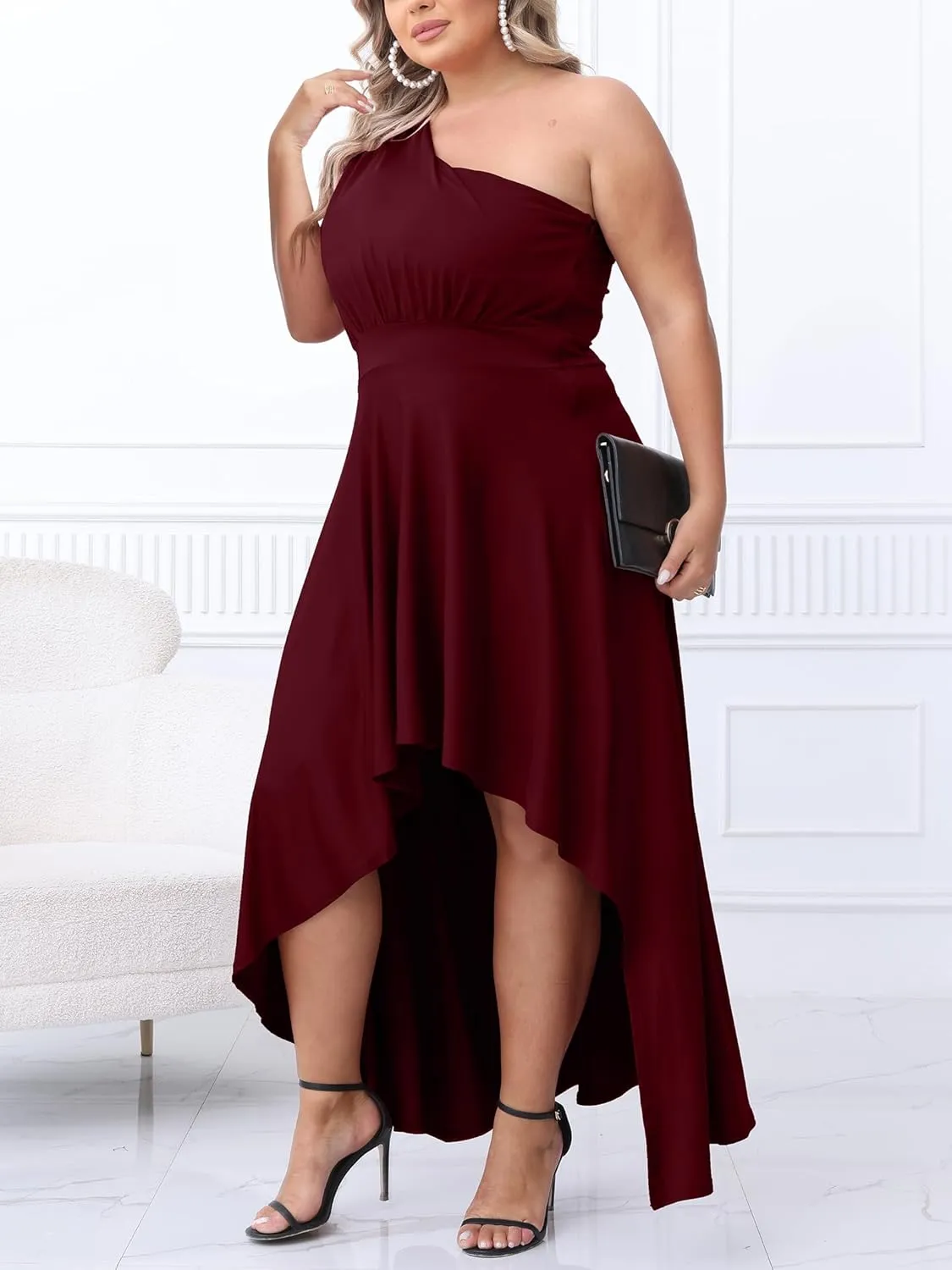 Ekaliy Women's Plus Size One Shoulder Dress Sexy High Low Irregular Hem Flowy Party Cocktail Maxi Dress
