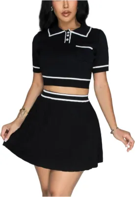 Elegant and Fashionable Knitted Skirt Set, Women's Sexy Two-Piece Set with Exposed Navel top and Pleated mini Dress Set