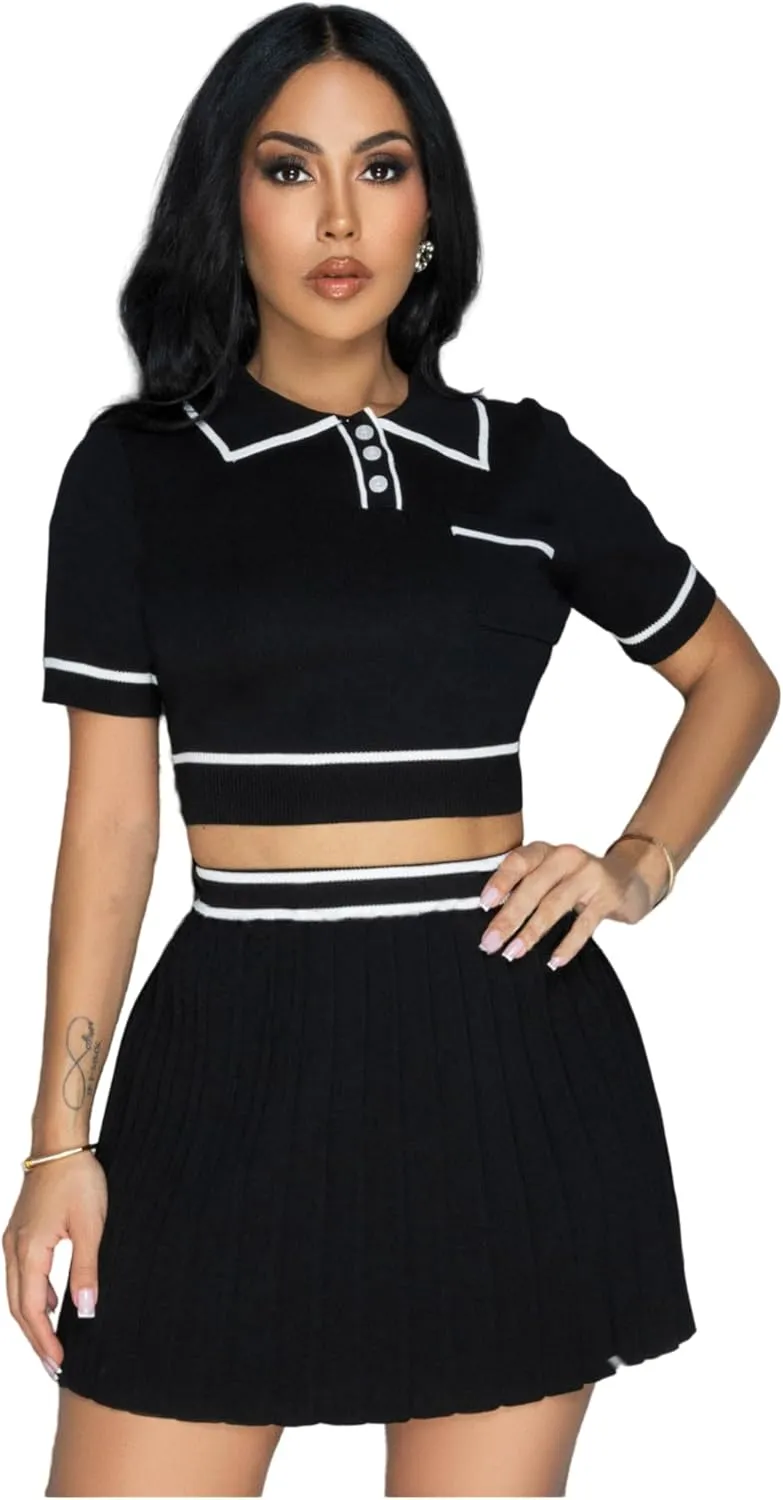 Elegant and Fashionable Knitted Skirt Set, Women's Sexy Two-Piece Set with Exposed Navel top and Pleated mini Dress Set