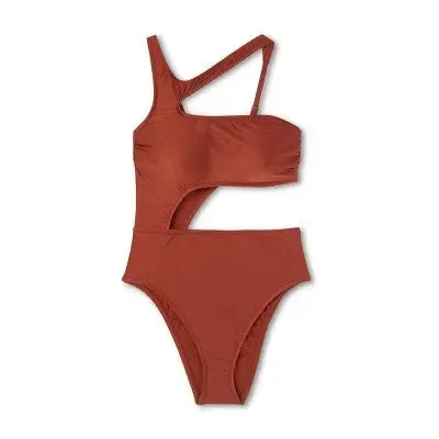 Fe Noel Women's Metallic One Piece Swimsuit High Leg Cheeky Swimwear