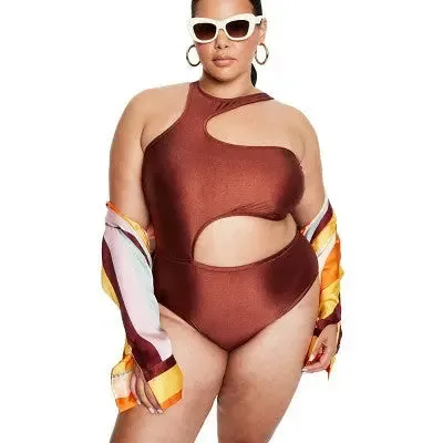 Fe Noel Women's Metallic One Piece Swimsuit High Leg Cheeky Swimwear