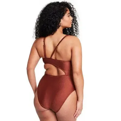 Fe Noel Women's Metallic One Piece Swimsuit High Leg Cheeky Swimwear