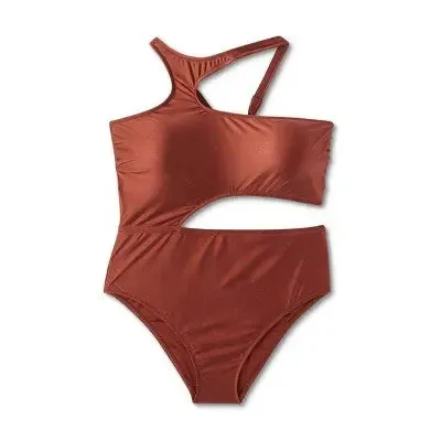 Fe Noel Women's Metallic One Piece Swimsuit High Leg Cheeky Swimwear