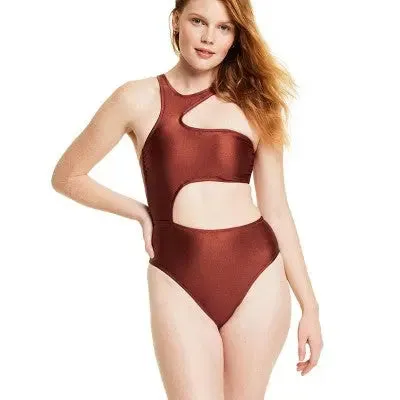 Fe Noel Women's Metallic One Piece Swimsuit High Leg Cheeky Swimwear
