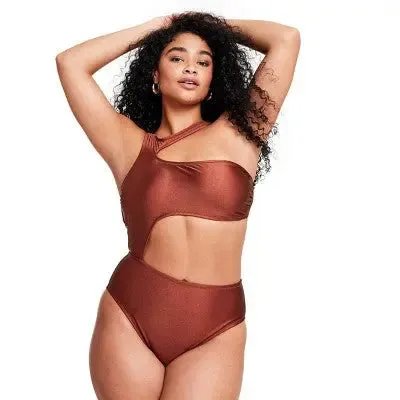 Fe Noel Women's Metallic One Piece Swimsuit High Leg Cheeky Swimwear