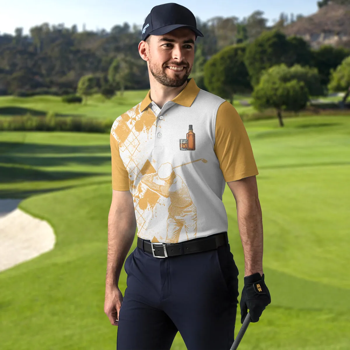 Golf And Wine Polo Shirt, Orange Argyle Pattern Golf Shirt For Male Players, Funny Golf Shirt With Sayings Coolspod