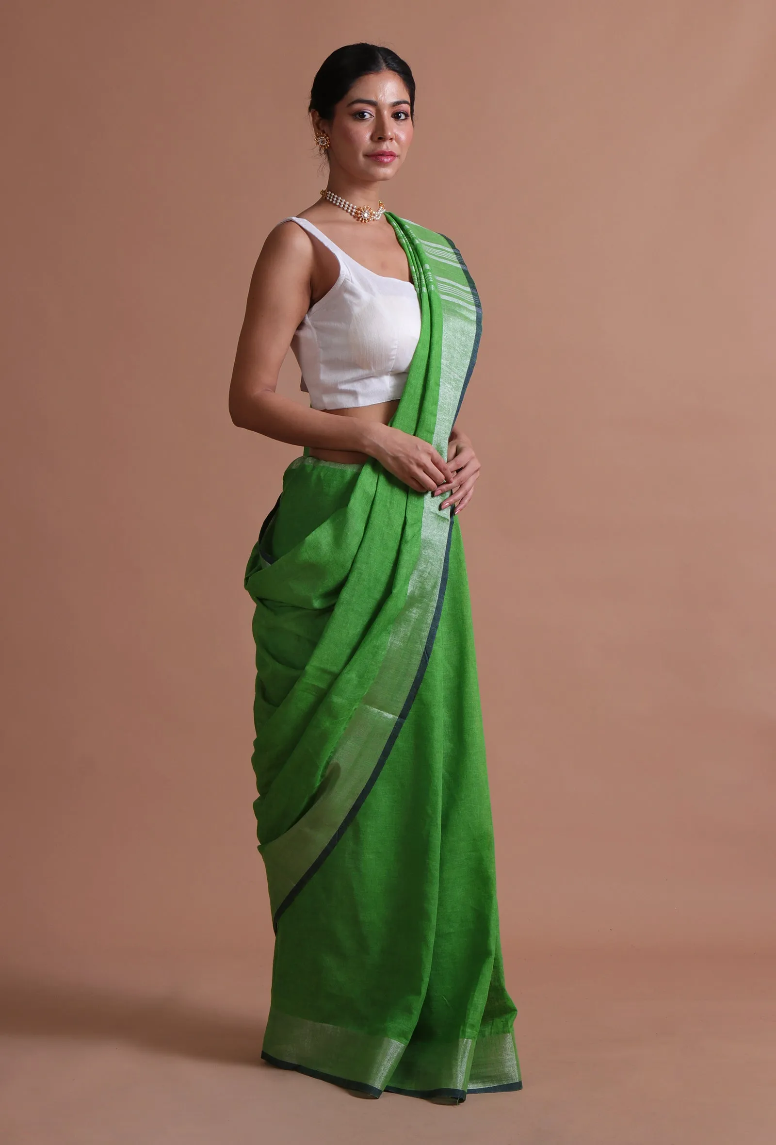 Green Color Cotton Linen Saree With Unstitched Blouse