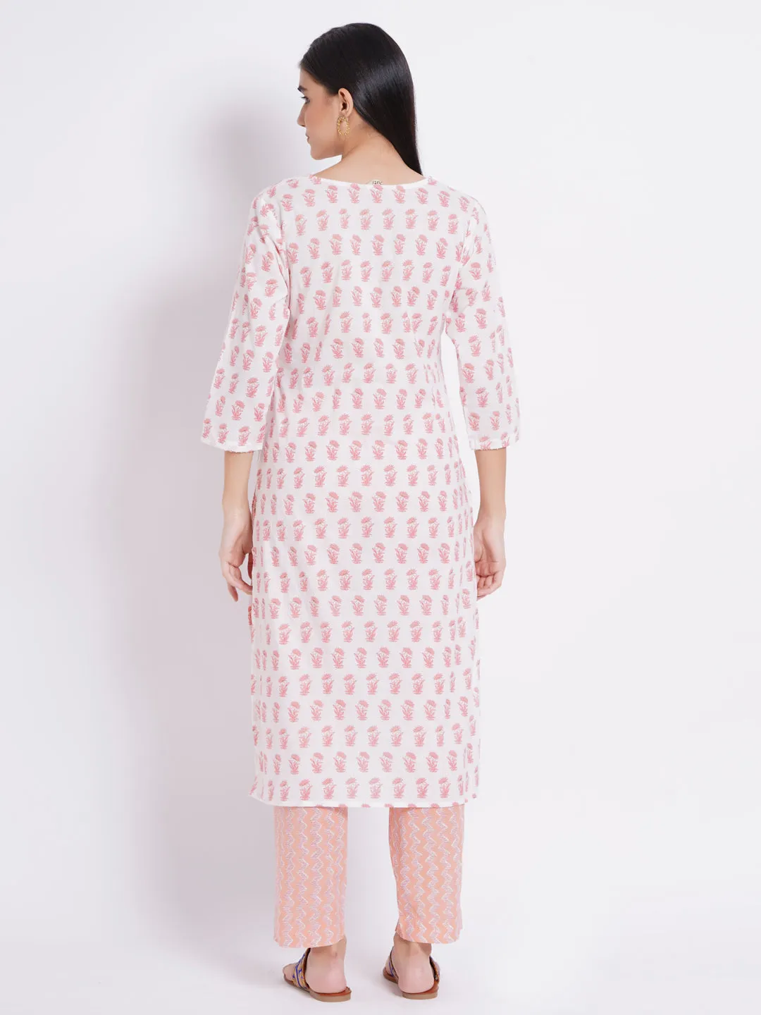 Hand Printed 3-Piece Kurta Set with Sequined Mirror Work