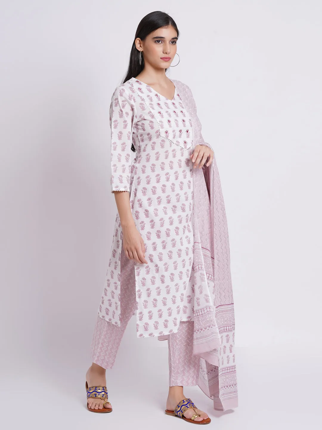Hand Printed 3-Piece Kurta Set with Sequined Mirror Work